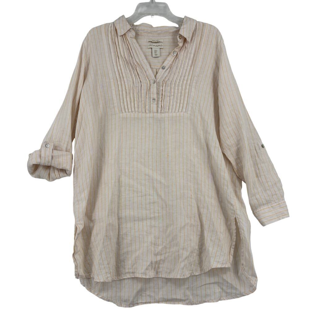 Cynthia Rowley Linen Tunic Blouse Size M‎ Cream Yellow Stripe Pleated Roll Tab